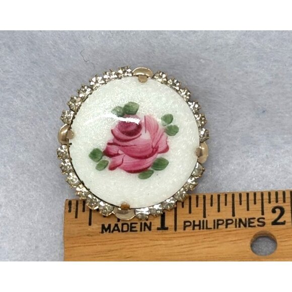 Vintage Floral Porcelain Rose Brooch With Rhinestone Accents - Picture 3 of 11